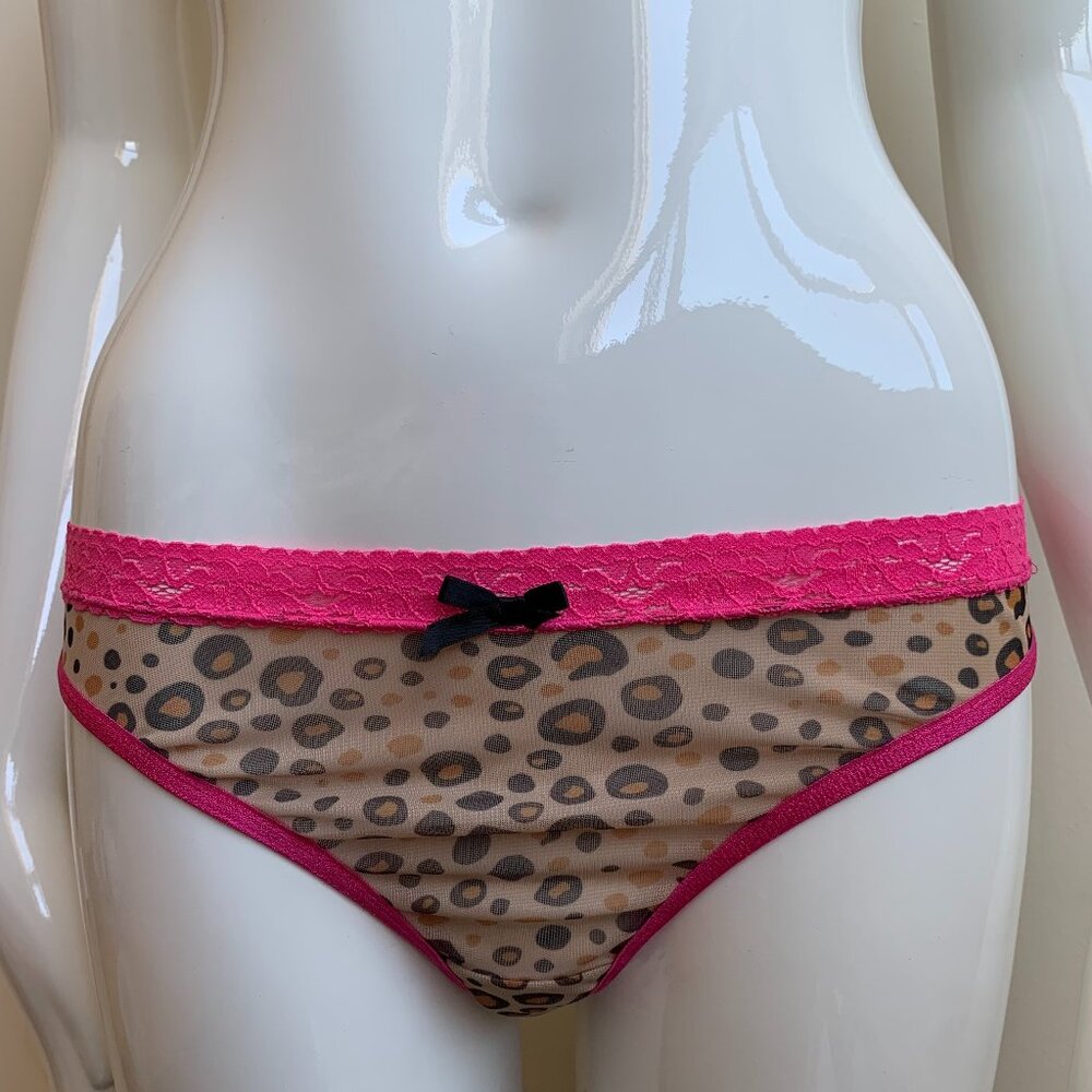 Fine Pink lace Leopard Print thong back mesh underwear